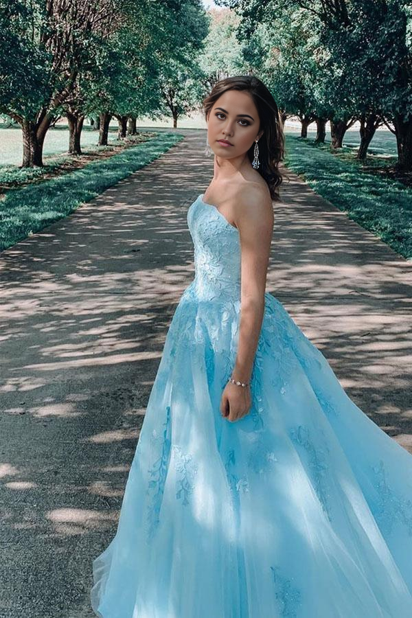 A-line Lace Appliques Blue Long Evening Dress Prom Dress